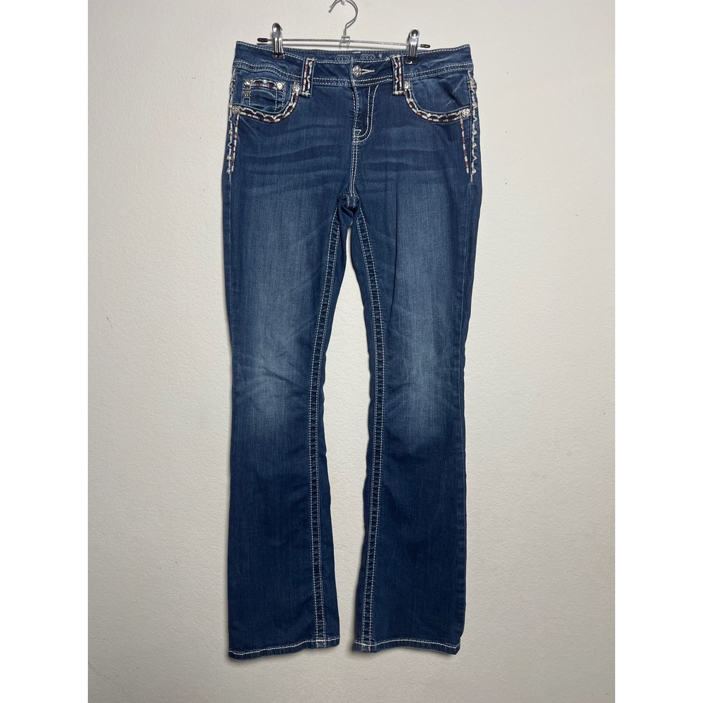 Miss Me Bootcut Jeans 28 Blue Women Y2K Western Embroidered Thick Stitch LowRise